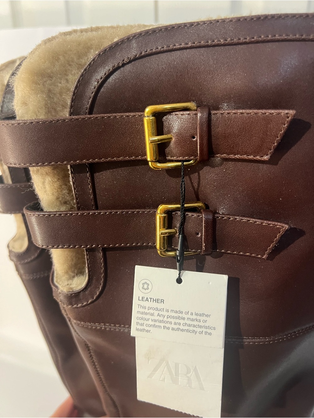 Zara NWT Brown Leather Faux Shearling Double Buckle Riding Boots 8 - Picture 12 of 15